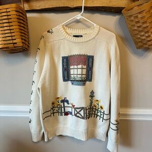 RARE Vintage Lands End Sweater Window Herbs Garden Porch Floral Cotton L